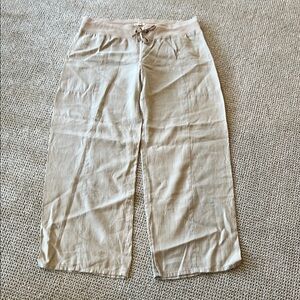 Eileen Fisher Beige Linen Pants with Stretchy Waistband and Drawstring